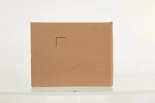 Brown shipping box side view with simple markings