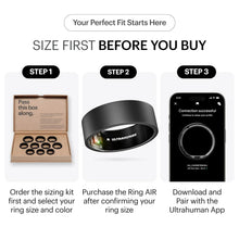 Matte black smart ring sizing guide with ring and pairing phone screen