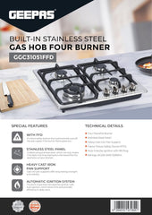 Geepas Built-In Stainless Steel Gas Hob- GGC31051FFD/ 4 Burners with Separate Ignition, Low Fuel Consumption and Improved Flow for Efficient Heating,2 Years Warranty