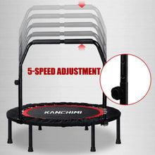Black mini trampoline with handle and round jumping mat, with 5-speed adjustment