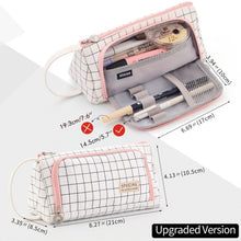 Canvas pencil storage bag, grid print front panel, zip closure, pink edging, hanging strap