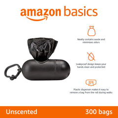 Standard Dog Poop Bags With Dispenser and Leash Clip, Unscented, 300 Count, 20 Pack of 15, Black, 33 x 22.8 centimeters