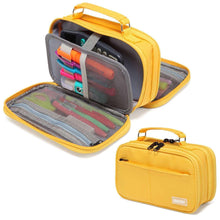 Yellow pencil case opened to show multiple organizer sections and mesh pockets