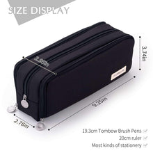 Black pencil pouch with three compartments and size dimensions shown alongside the case