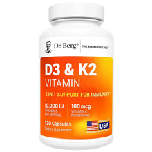 White supplement bottle with orange D3 & K2 label, 120 capsules