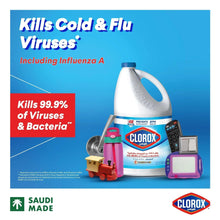 Clorox liquid bleach bottle with blue cap and blue-striped label