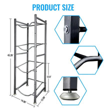 4-tier water bottle storage stand with size diagram and bracket detail, black and silver metal