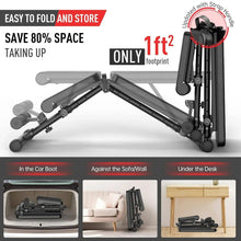 Foldable adjustable weight bench with black padded seat and backrest, stored compactly