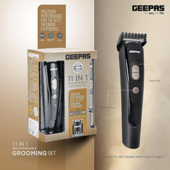 Geepas GTR8612N 11-in-1 Rechargeable Grooming Set | 3.7V DC | Hair/Bread/Nose/Ear/Body Trimmer | 5 Changeable Heads | Li-Ion Battery | 60mins Working Time | LED Display | 4 Combs Attachments