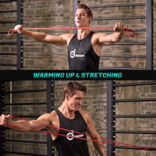 Red resistance bands stretched across arms for warm-up and stretching