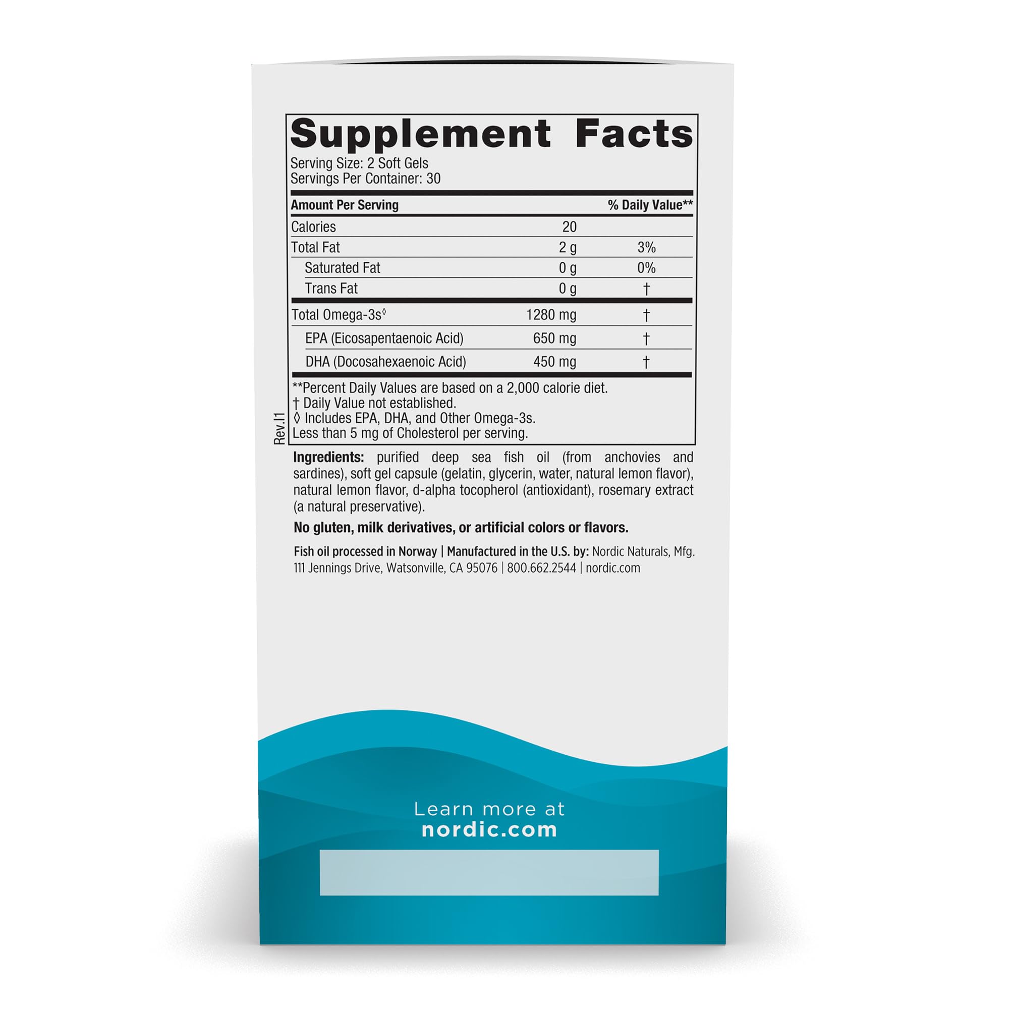 Nordic Naturals Ultimate Omega supplement facts label showing omega 3 content EPA 650 mg DHA 450 mg