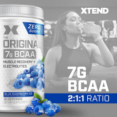 XTEND Original BCAA Powder Blue Raspberry Ice, ZERO CALORIE, ZERO CARB, ZERO SUGAR, Post Workout Muscle Recovery Drink with Amino Acids, 7g BCAAs for Men & Women, 30 Servings