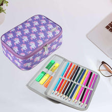 Purple unicorn pencil case opened to show color pens in clear elastic slots