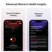 Women’s health tracking tiles with smart ring shown alongside phone screens