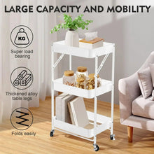 White 3-tier rolling cart with wire mesh shelves and foldable frame on caster wheels