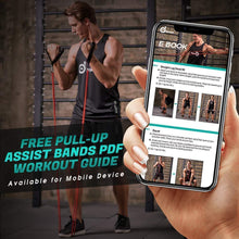 Red pull-up assist band used for workout with a mobile device on-screen