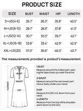 Dress size chart with bust, waist, hip, and length measurements by size S to XXL