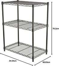 Black 3-shelf wire storage rack with open grid shelves