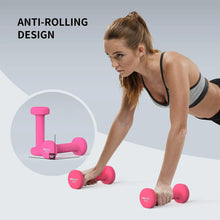 Pink neoprene dumbbell with anti-rolling design base, held during a fitness exercise.