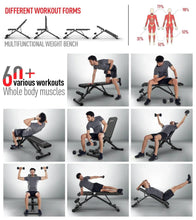 Multi-position weight bench with black padded backrest and seat on adjustable frame