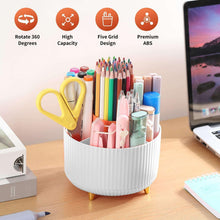 White desk pencil cup with 360 rotation base, ridged sides, five-color pen storage