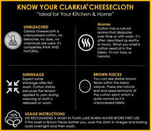 Clarkia cheesecloth unbleached cotton info card for kitchen and home uses