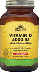 Sunshine Nutrition Vitamin D 5000 Iu (D3 Cholecalciferol), 100 Tablets | Promotes Strong Bones, Teeth | Supports Healthy Function | Gluten Free