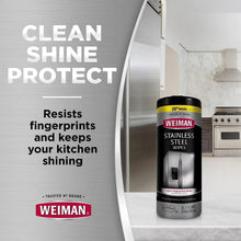 Weiman stainless steel cleaning wipes canister with yellow top and black body