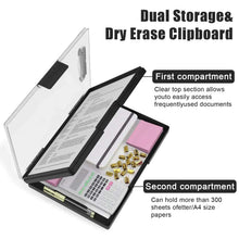 Black dry-erase clipboard with two storage compartments and clear cover, with papers inside