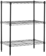 Black 3-shelf wire storage rack with adjustable tiers and leveling feet