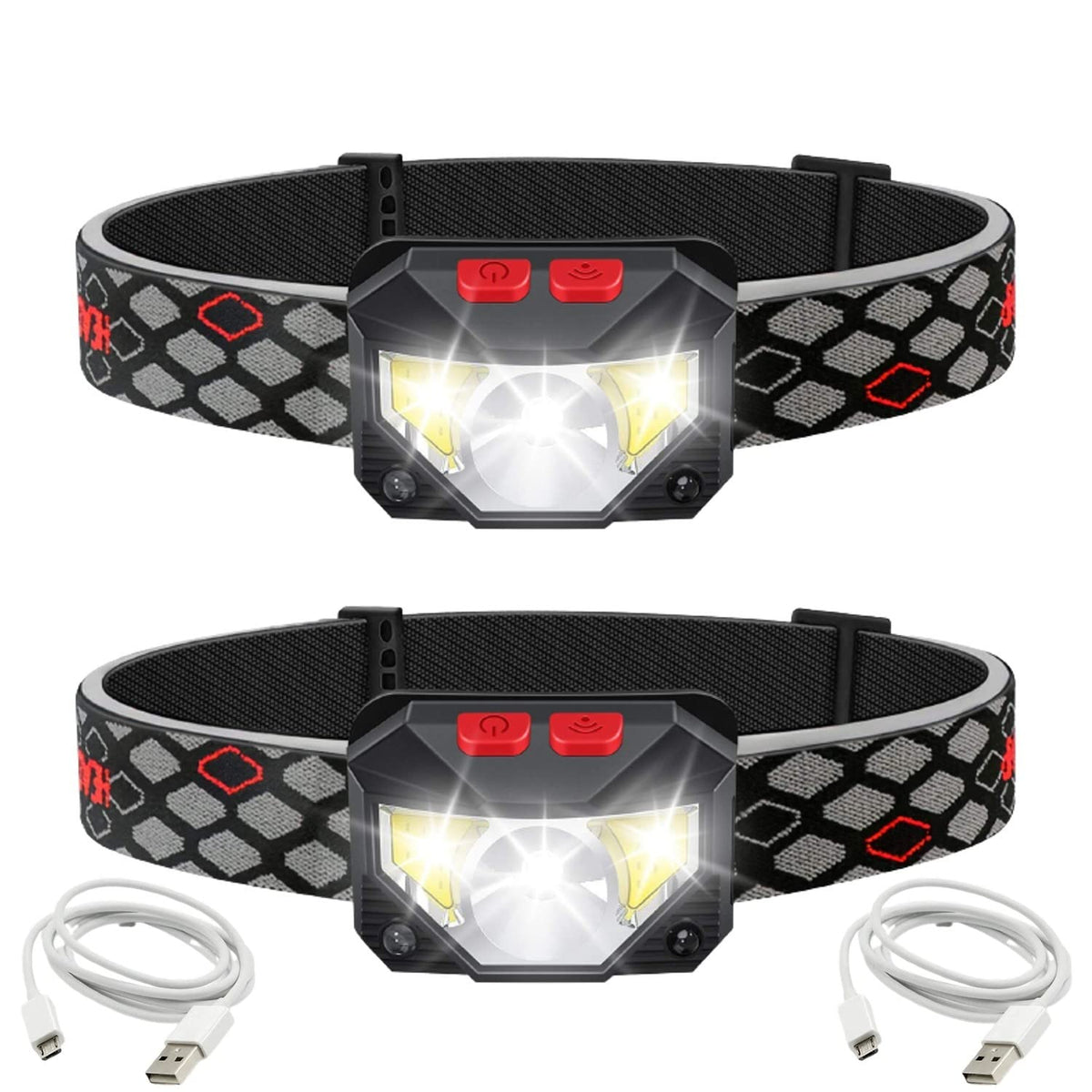 مصباح رأس LED، مصباح رأس LED فائق السطوع 800 لومن قابل لإعادة الشحن مع ضوء أبيض وأحمر، عبوة من قطعتين من المصابيح الأمامية المقاومة للماء مع مستشعر حركة، 6 أوضاع للتخييم في الهواء الطلق وركوب الدراجات والجري وصيد الأسماك