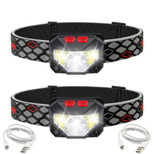 Two-piece head torch with black elastic patterned strap, red buttons, bright LED front and cables