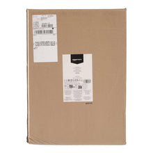 Cardboard shipping box with labels and barcodes, taped edges visible