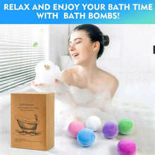 Bath bomb set with six colorful round bombs and box, floating near a woman in bath foam