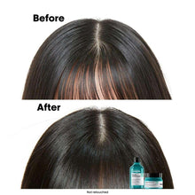 Turquoise hair mask jar with black cap, shown beside model hair