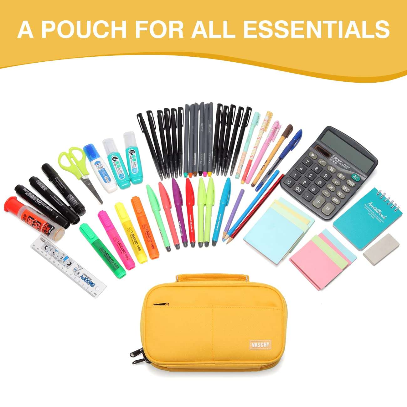 Fashi Large Pencil Case with Storage Compartments for Middle School, Work and Office Pencil Organizer School Supplies Holder Yellow