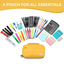 Yellow pencil pouch with zipper holding pens, calculator, and sticky notes