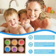 Bath bomb set with pastel round bombs and gift box beside a smiling family