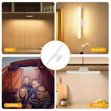 Rechargeable LED light bar, slim white housing with control button, shown mounted