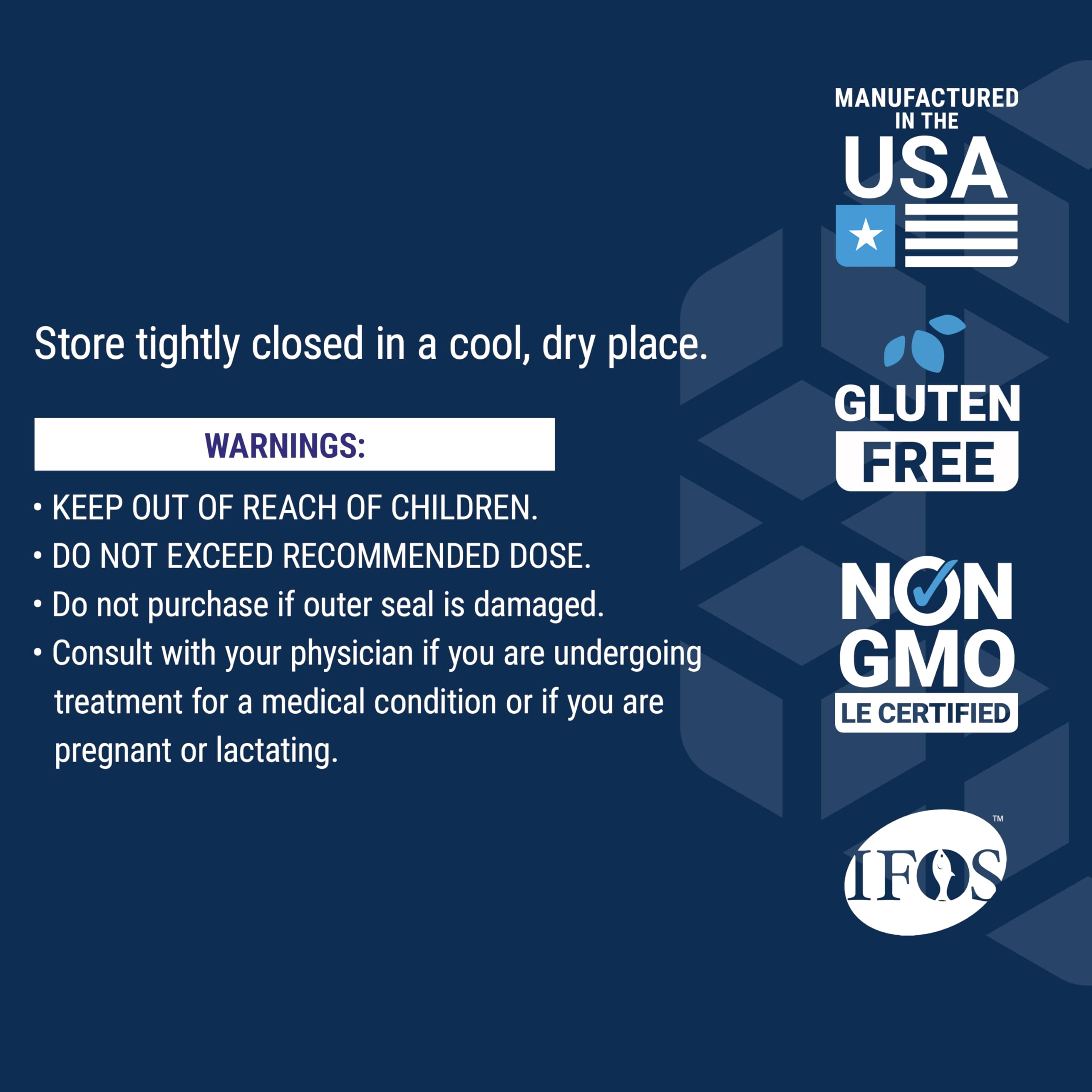 Life Extension Omega-3 fish oil supplement back label showing storage warnings and USA Gluten Free Non GMO seals