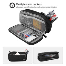 Black two-layer pencil case with mesh pockets and multiple zipper compartments