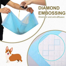 Leakproof training pad with blue border, liquid being poured onto the absorbent surface.