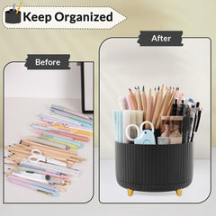 Skydoo 360 Degree Rotating Desk Organizer, Dual-Purpose Desktop Pencil Holder, Rotating Pen Organizer with 5 Slots, Office Supplies, Pen Cup for Office, School and Home