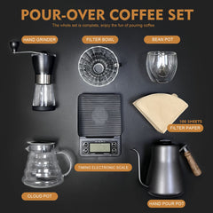 Pour Over Coffee Maker set, V60 Kit with Portable Carry Case, Kettle with Thermometer, Drip Filter Share Pot,Filters, Coffee Scale, Double wall Mug, Manual Grinders