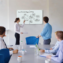 White glass dry-erase magnetic board with business diagram and marker writing