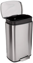 Stainless steel kitchen bin with open lid and foot pedal, satin nickel finish.
