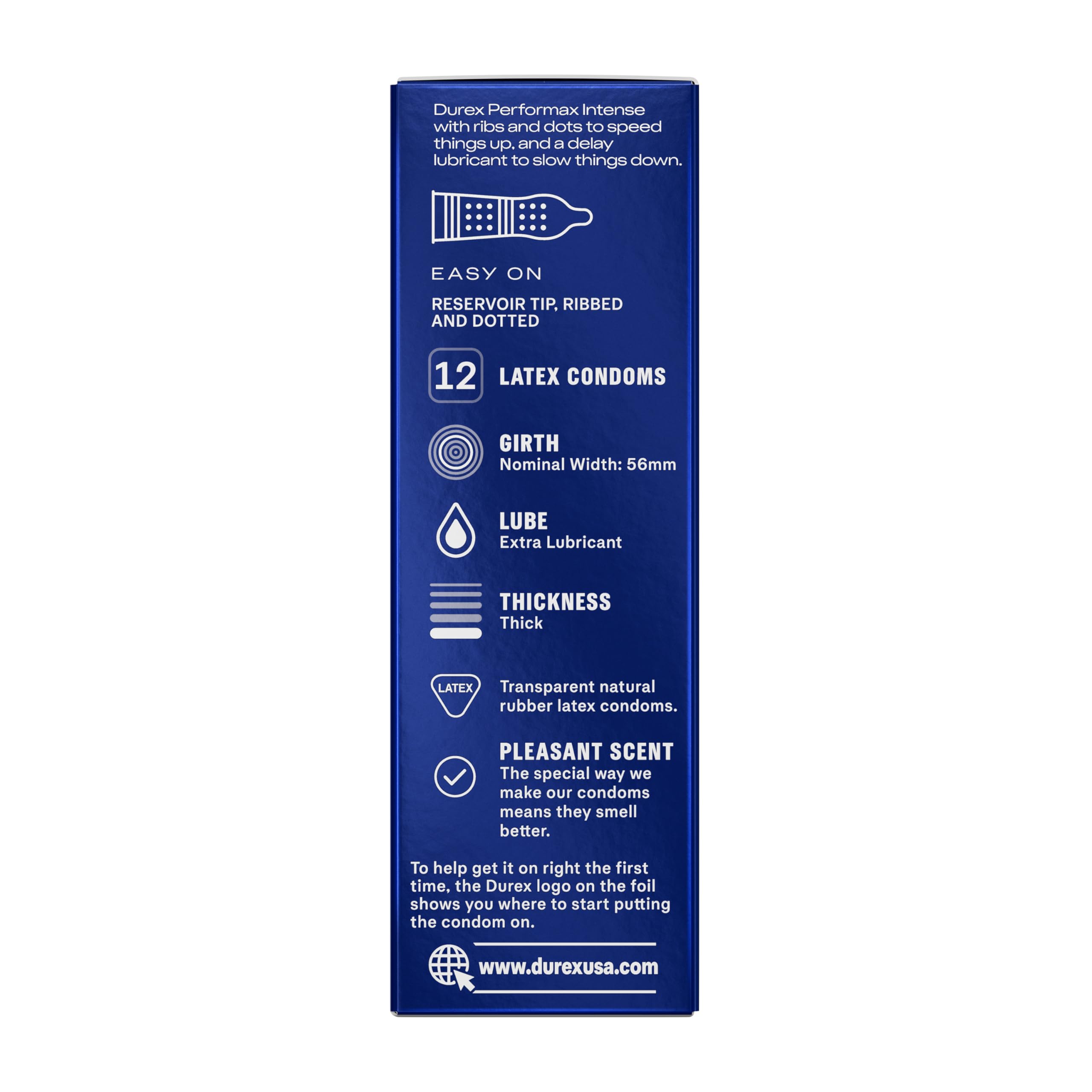 Durex Performax Intense condoms UAE blue box side panel showing 12 latex condoms ribbed dotted extra lube