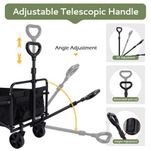 Black folding cart with adjustable telescopic handle and fabric basket, four wheels