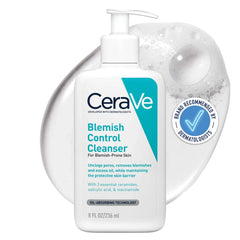 CeraVe blemish control facial wash in a pump bottle with ingredients for clear skin