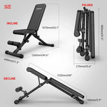 Adjustable weight bench showing incline, decline, and folded positions with black pads